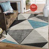 Turquoise Silver Geometric Triangles Hand-Carved Soft Living Room Area Rug by Homemartgoods